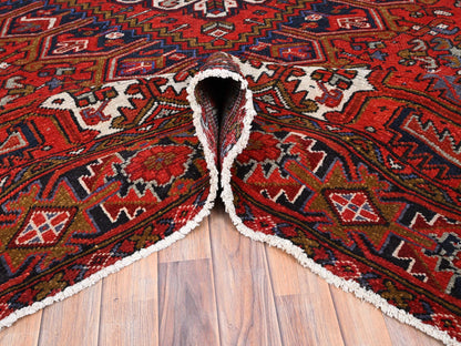Heriz Heriz hand-knotted worn wool rug in Red & Yale Blue, 7'9" x 11' — SKU O085577 (view 5)