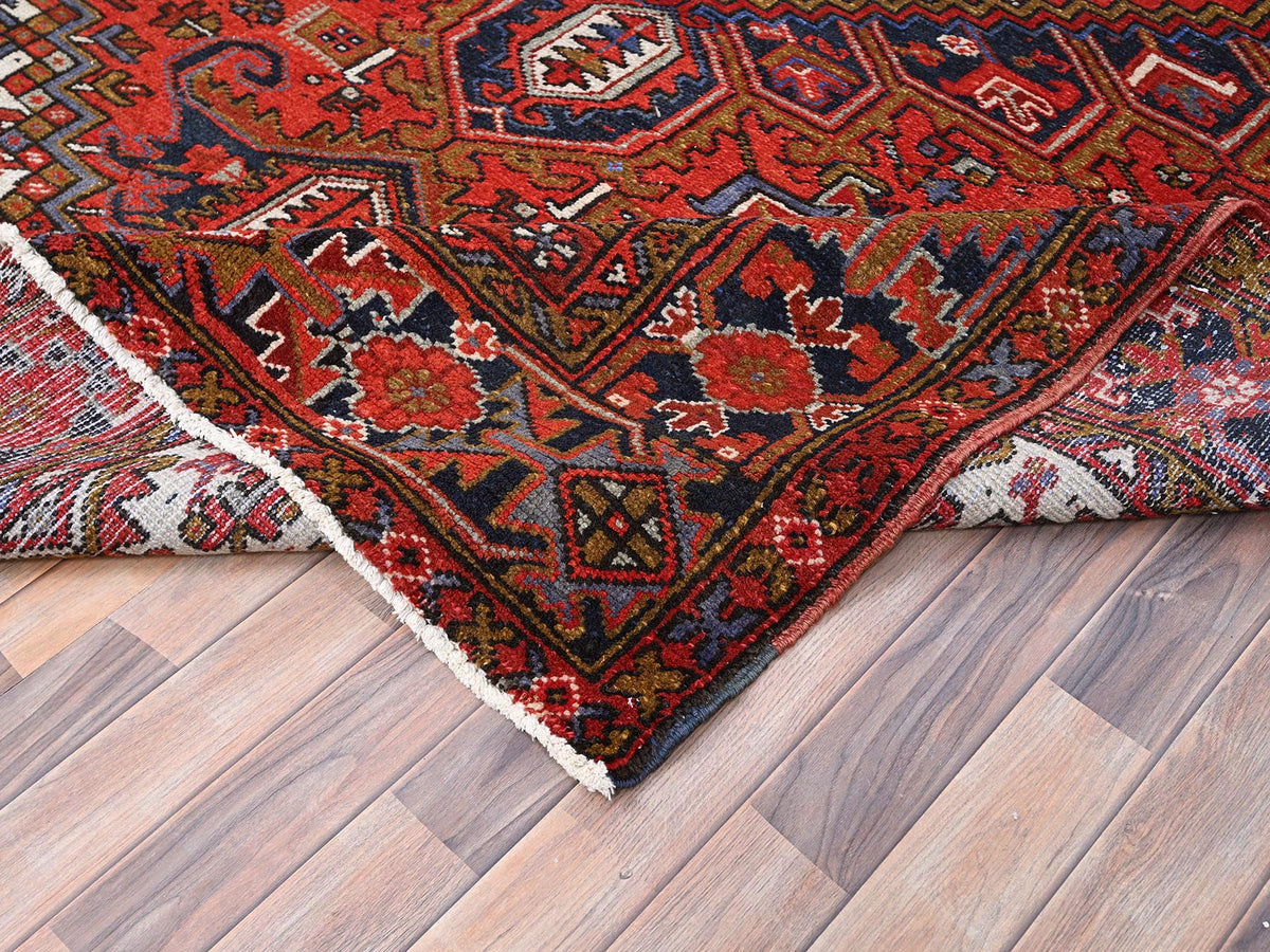 Heriz Heriz hand-knotted worn wool rug in Red & Yale Blue, 7'9" x 11' — SKU O085577 (view 6)