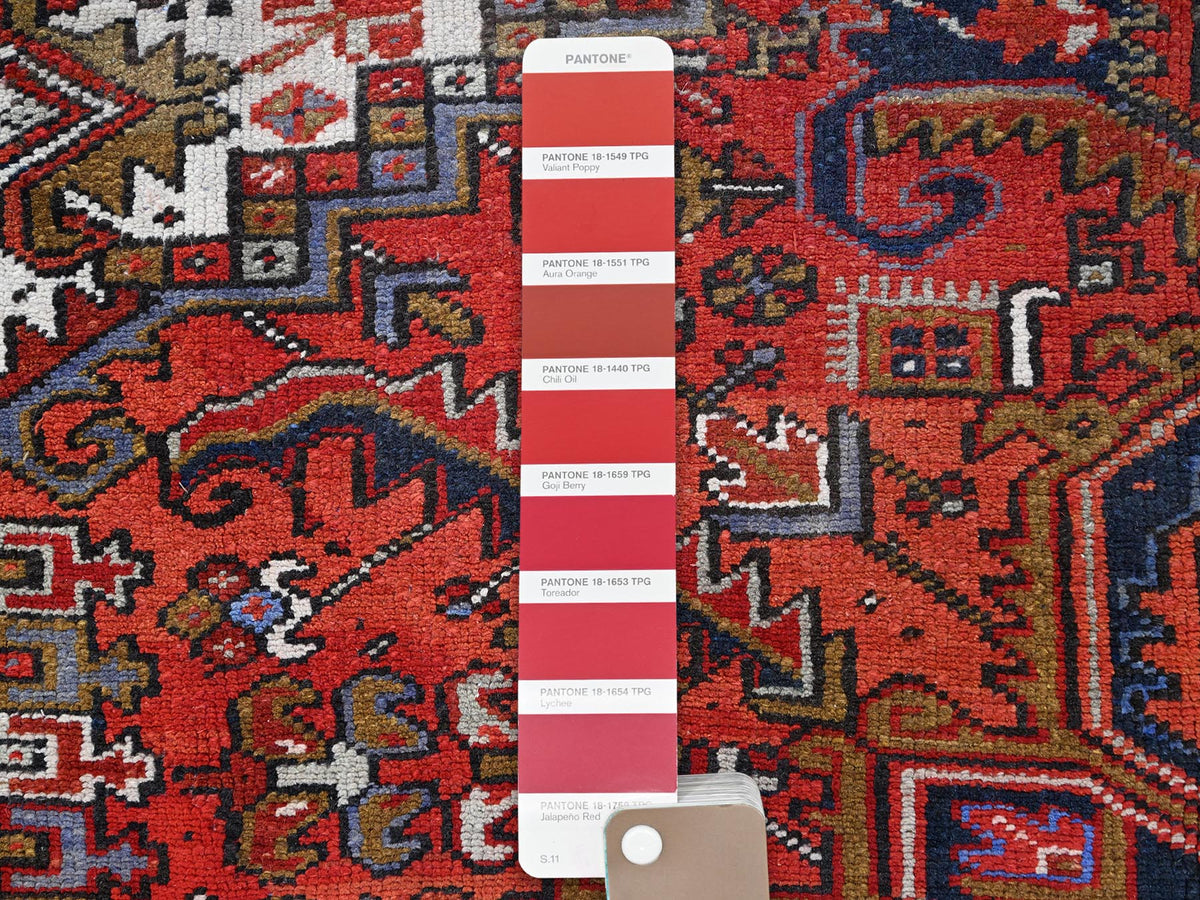 Heriz Heriz hand-knotted worn wool rug in Red & Yale Blue, 7'9" x 11' — SKU O085577 (view 7)