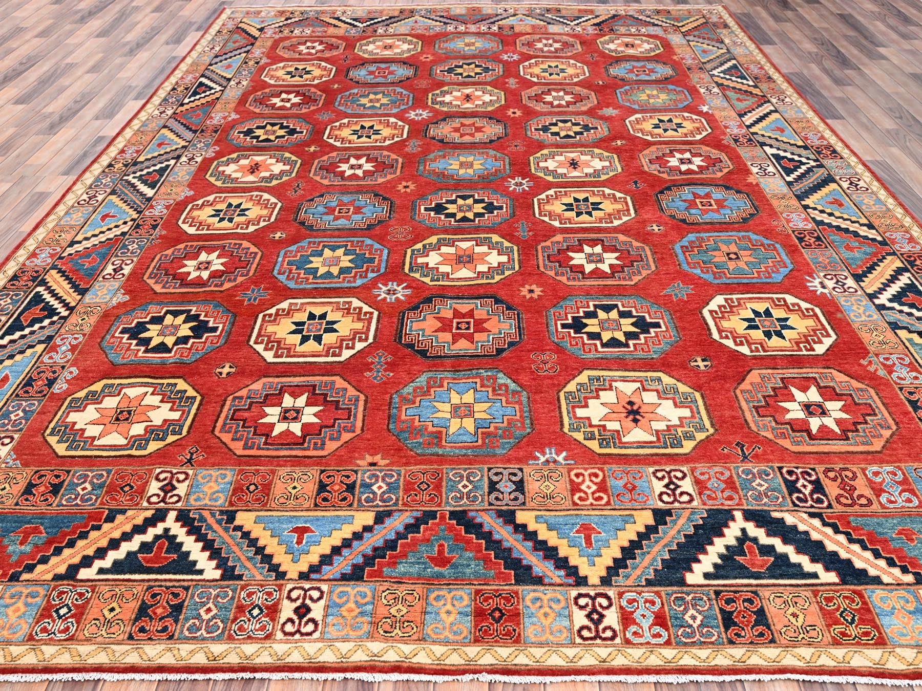 Ersari Tribal & Geometric hand-knotted wool rug in Red & Blue, 10' x 13'10" — SKU O085590 (view 2)