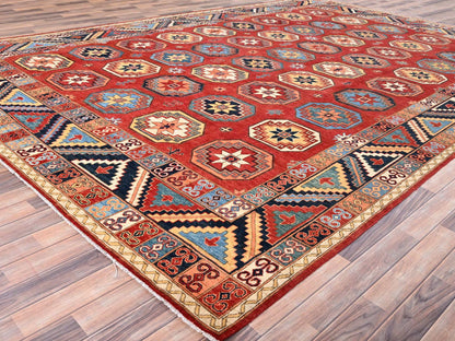 Ersari Tribal & Geometric hand-knotted wool rug in Red & Blue, 10' x 13'10" — SKU O085590 (view 3)