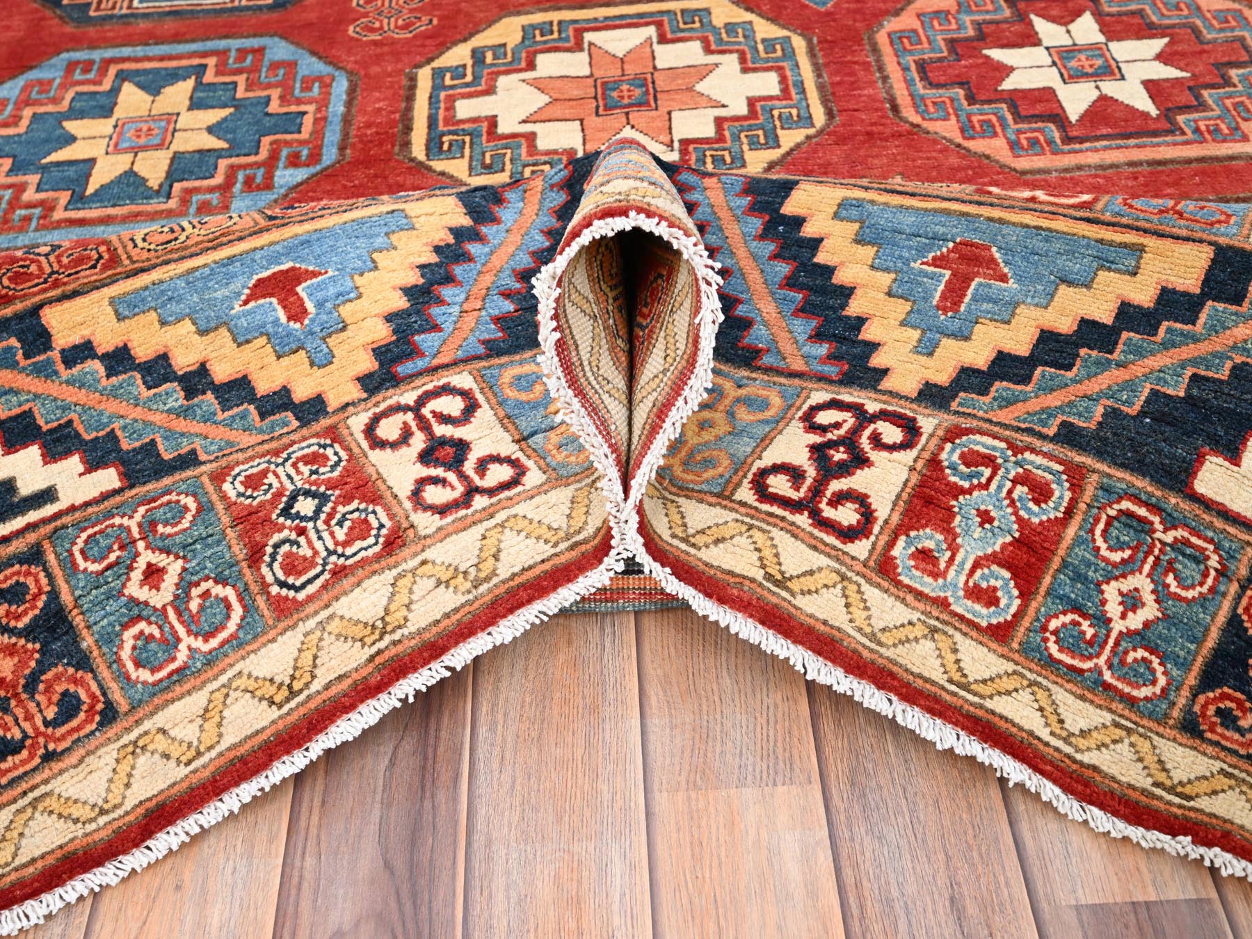 Ersari Tribal & Geometric hand-knotted wool rug in Red & Blue, 10' x 13'10" — SKU O085590 (view 5)