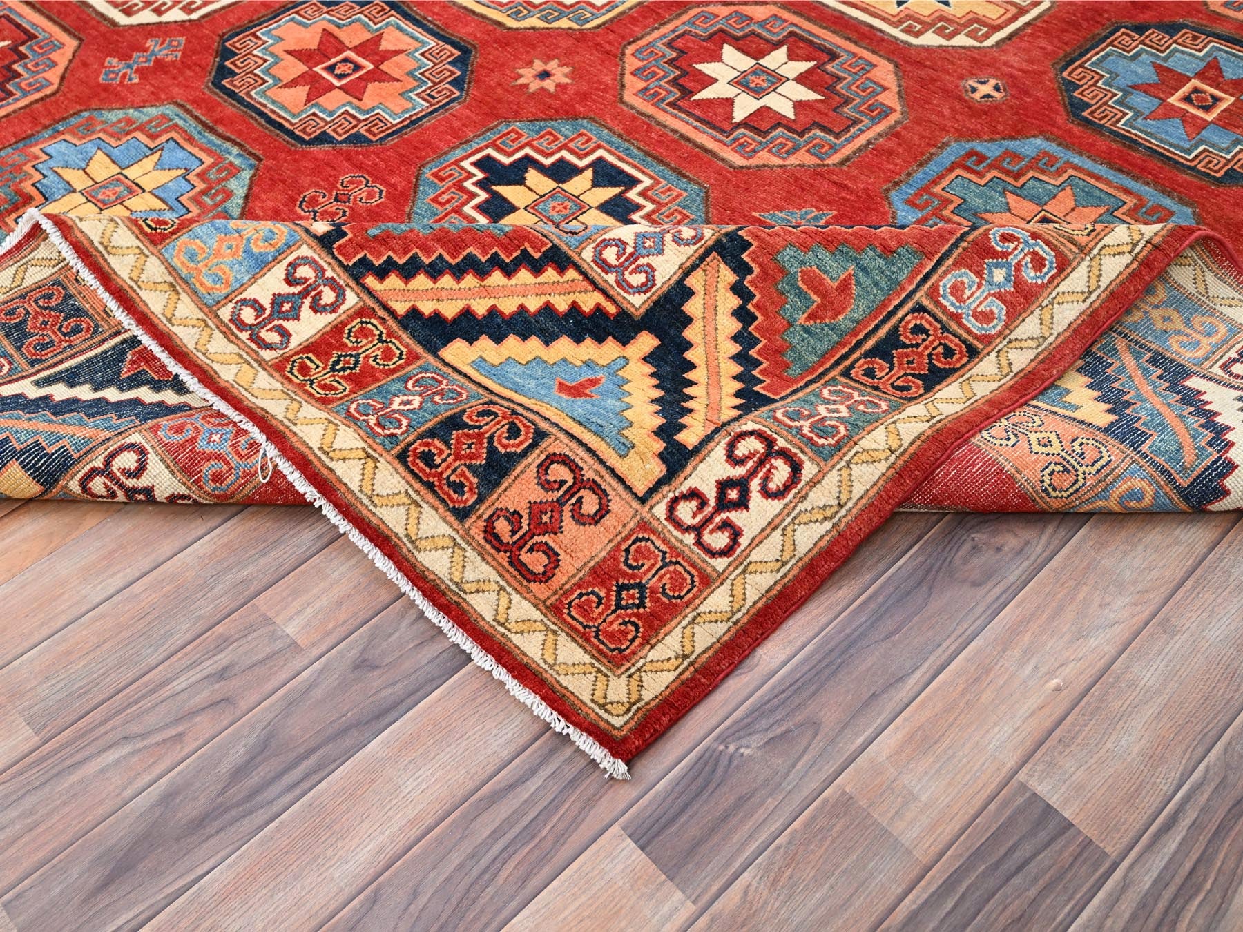 Ersari Tribal & Geometric hand-knotted wool rug in Red & Blue, 10' x 13'10" — SKU O085590 (view 6)