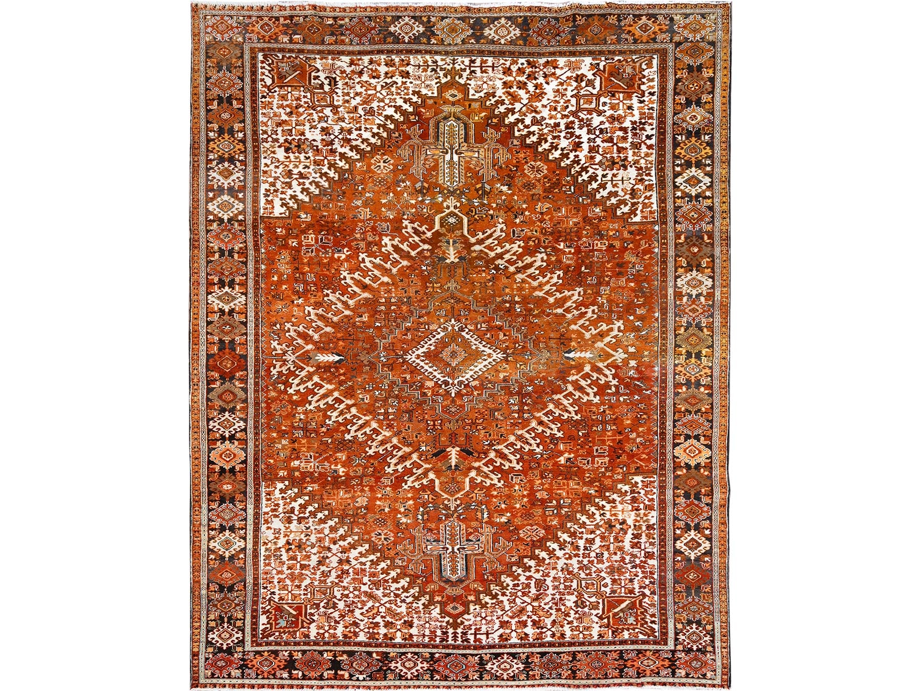 Heriz Heriz hand-knotted worn wool rug in Orange & Black, 10'2" x 13' — SKU O085656