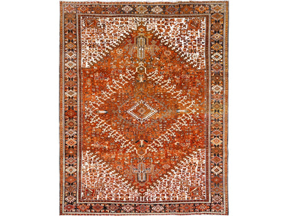 Heriz Heriz hand-knotted worn wool rug in Orange & Black, 10'2" x 13' — SKU O085656
