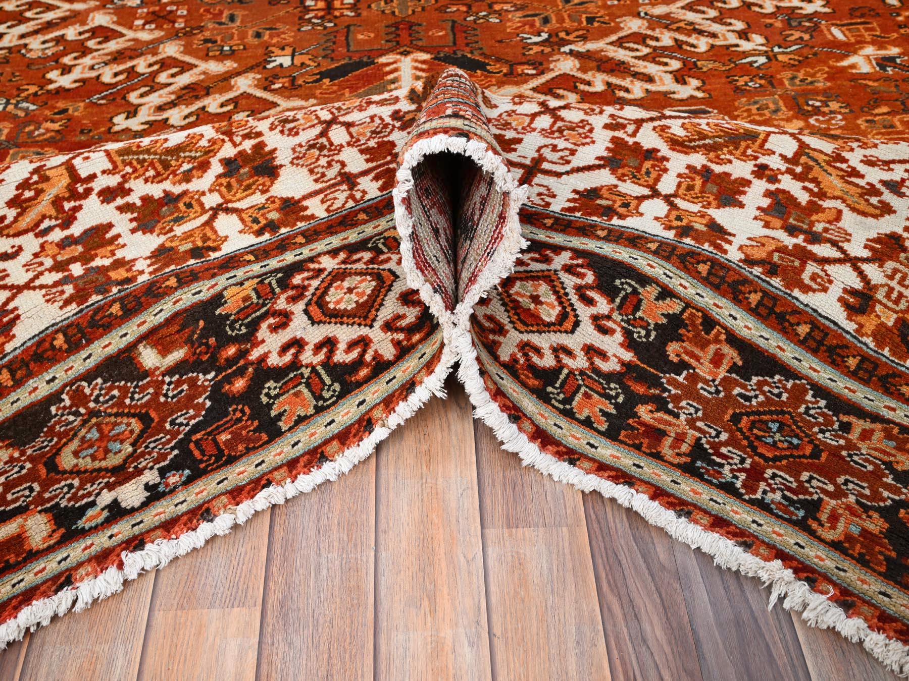 Heriz Heriz hand-knotted worn wool rug in Orange & Black, 10'2" x 13' — SKU O085656 (view 5)