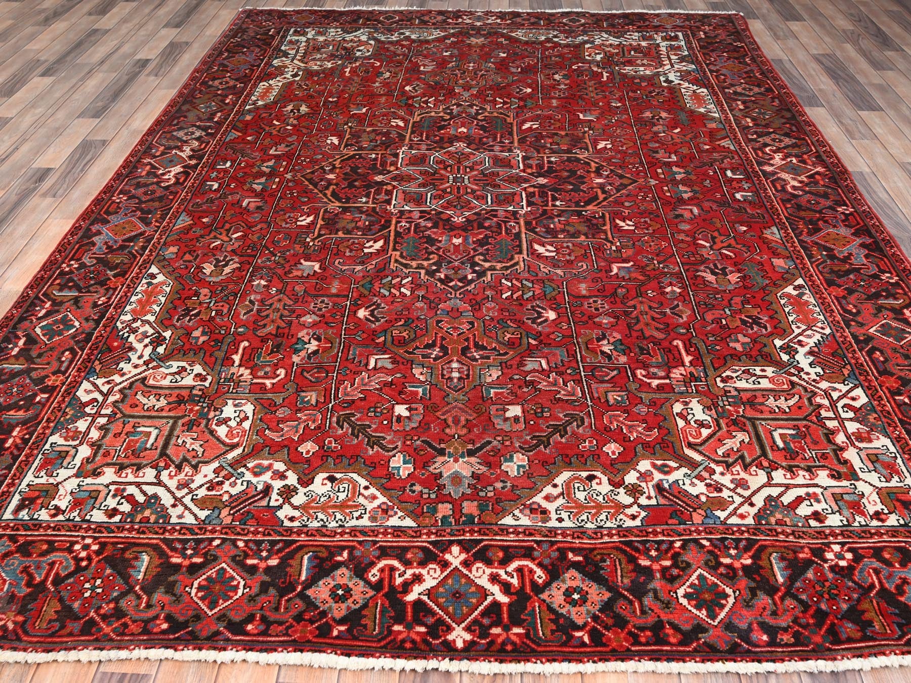 Heriz Heriz hand-knotted worn wool rug in Red & Black, 7'7" x 11' — SKU O085659 (view 2)