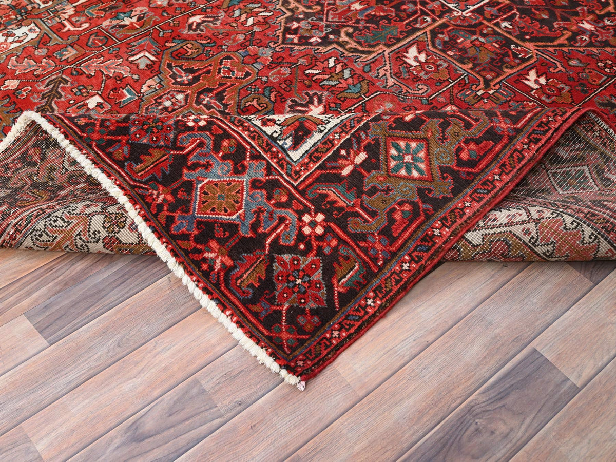 Heriz Heriz hand-knotted worn wool rug in Red & Black, 7'7" x 11' — SKU O085659 (view 6)