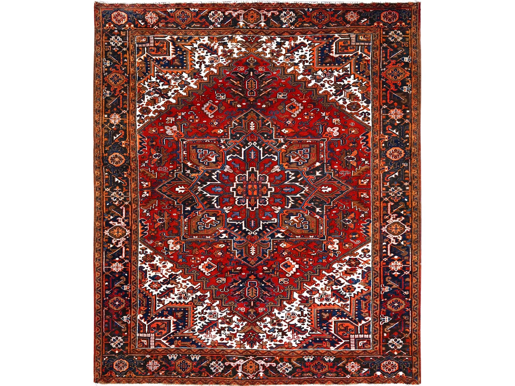 Heriz Heriz hand-knotted worn wool rug in Red & Black, 7'5" x 8'10" — SKU O085681