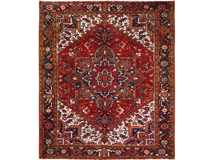 Heriz Heriz hand-knotted worn wool rug in Red & Black, 7'5" x 8'10" — SKU O085681