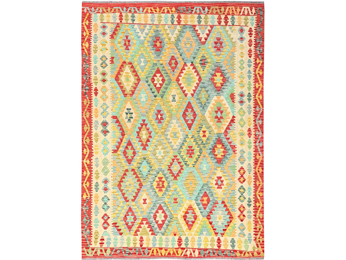 Kilim Flat-Weave hand-knotted wool rug in Green & Red, 6'8" x 9'10" — SKU O085704