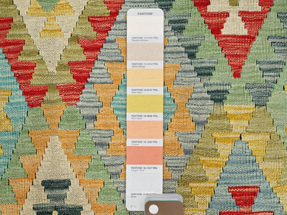 Green 6'8" x 9'10" Flatweave / Kilim Hand woven Wool Rug - Sku: O085704