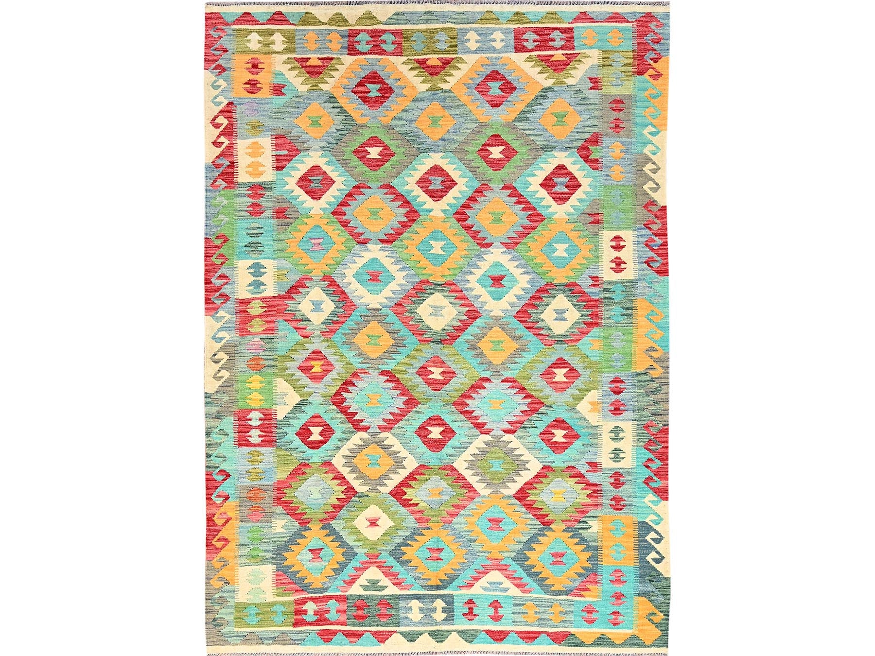 Kilim Flat-Weave hand-knotted wool rug in Blue, 6'7" x 9'9" — SKU O085705