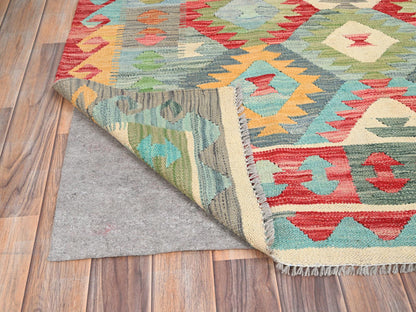Blue 6'7" x 9'9" Flat Weave Hand woven Wool Rug - Sku: O085705