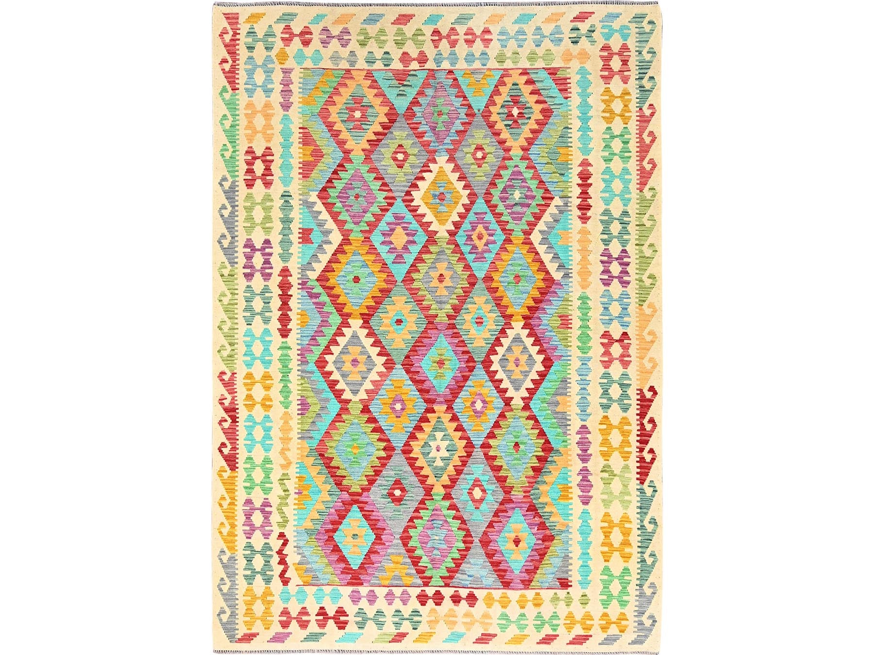 Kilim Flat-Weave hand-knotted wool rug in Red, 6'8" x 9'8" — SKU O085706