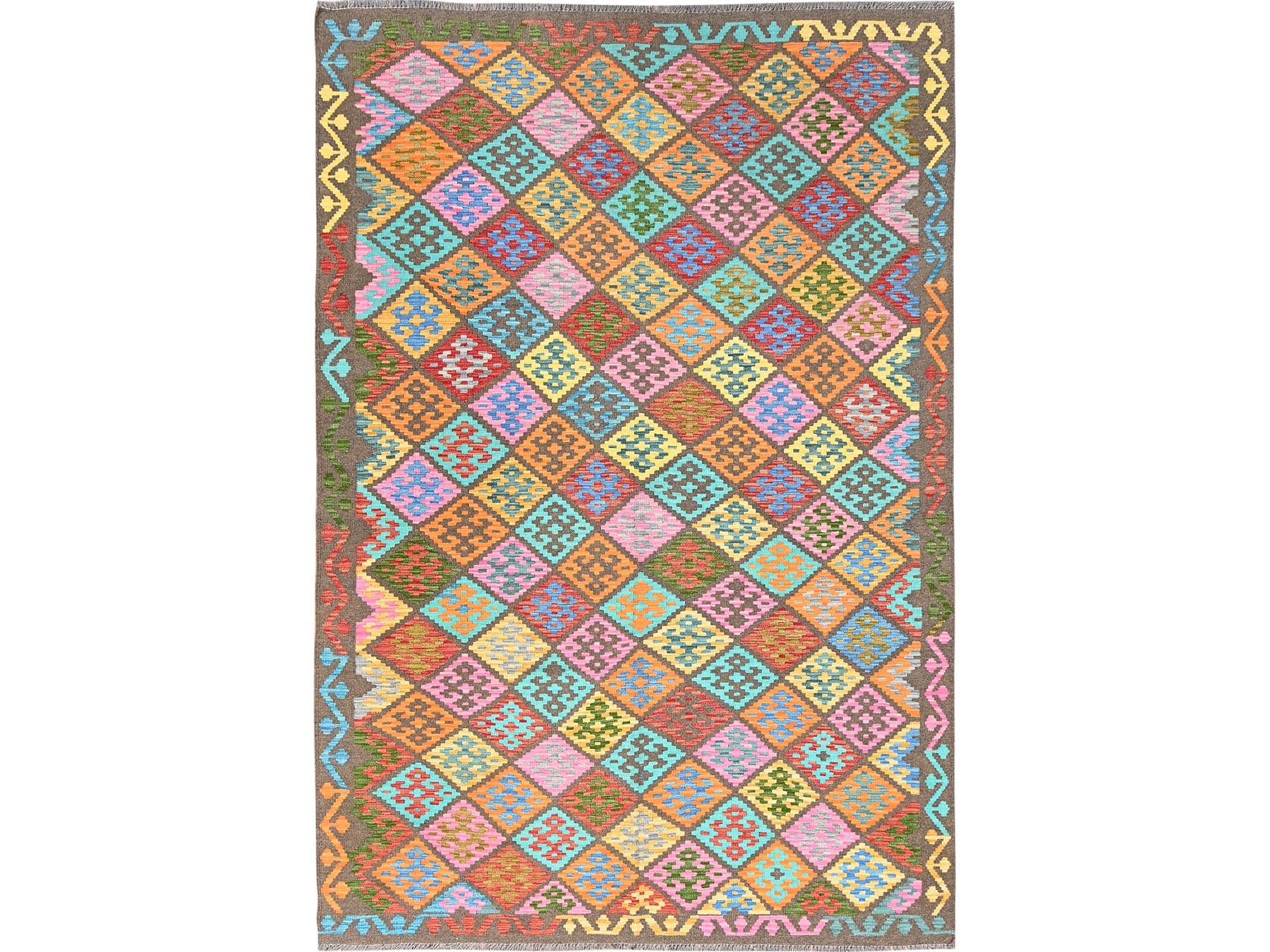 Kilim Flat-Weave hand-knotted wool rug in Pink, 6'8" x 9'9" — SKU O085719