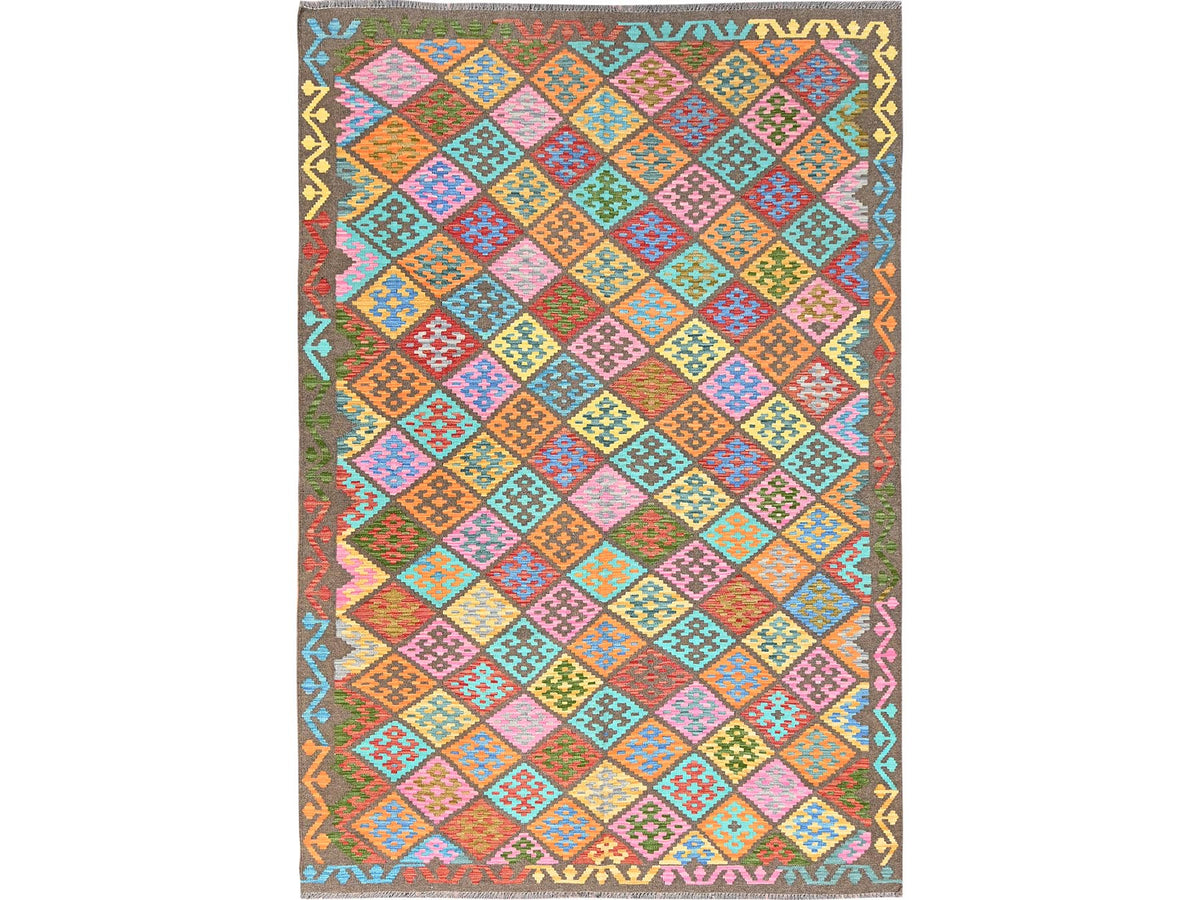 Kilim Flat-Weave hand-knotted wool rug in Pink, 6'8" x 9'9" — SKU O085719