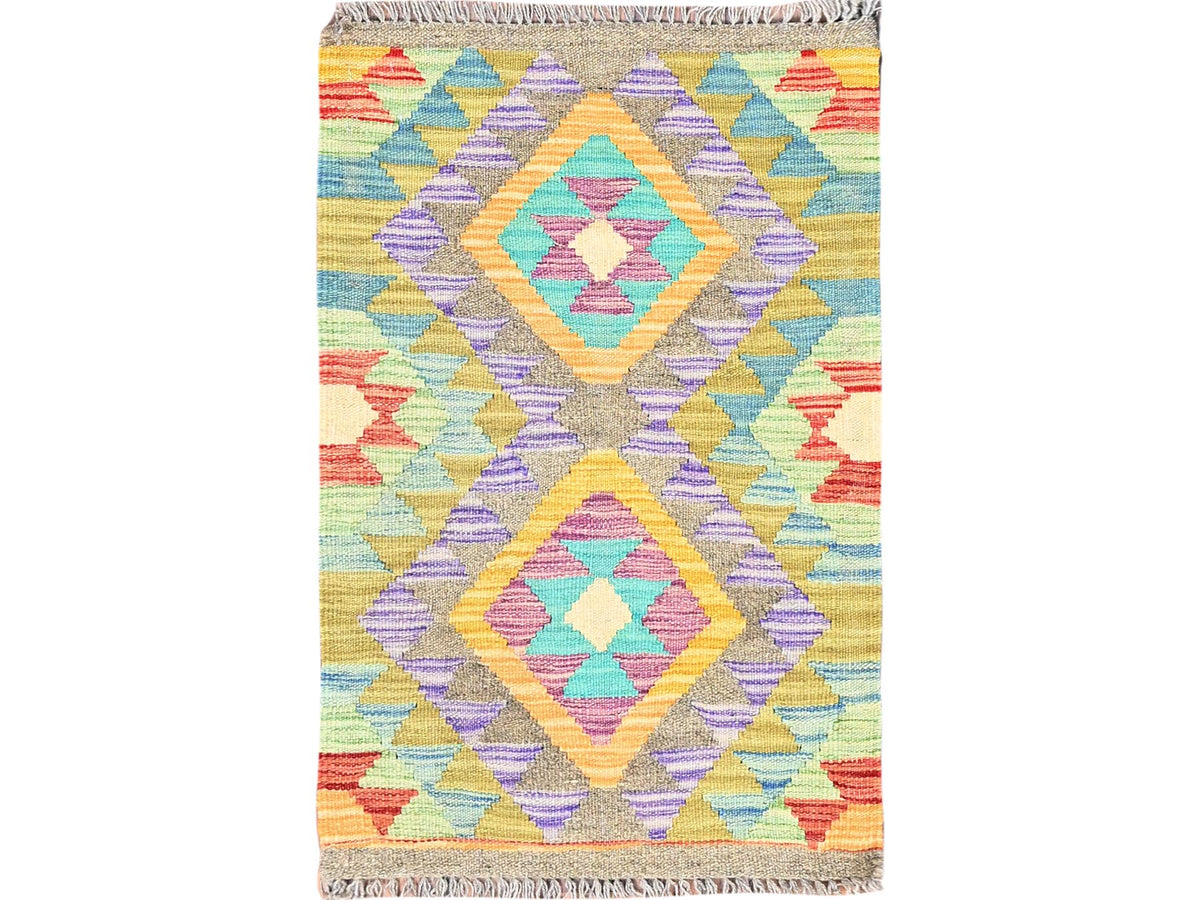 Kilim Flat-Weave hand-knotted wool rug in Green, 1'10" x 3' — SKU O085745