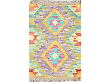 Kilim Flat-Weave hand-knotted wool rug in Green, 1'10" x 3' — SKU O085745