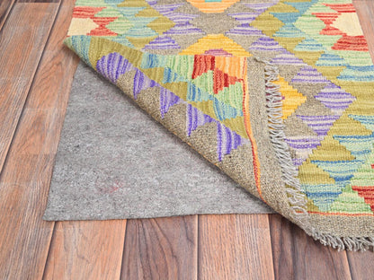 Green 1'10" x 3'0" Flatweave / Kilim Hand woven Wool Rug - Sku: O085745