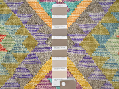Green 1'10" x 3'0" Flatweave / Kilim Hand woven Wool Rug - Sku: O085745