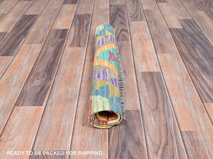 Green 1'10" x 3'0" Flatweave / Kilim Hand woven Wool Rug - Sku: O085745