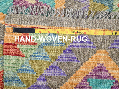 Green 1'10" x 3'0" Flatweave / Kilim Hand woven Wool Rug - Sku: O085745