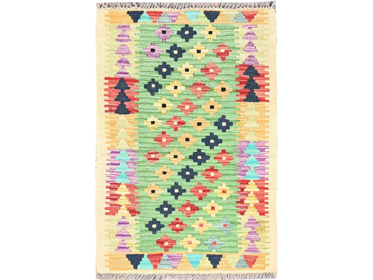 Kilim Flat-Weave hand-knotted wool rug in Green, 2' x 3' — SKU O085749
