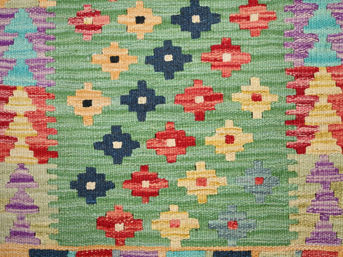Kilim Flat-Weave hand-knotted wool rug in Green, 2' x 3' — SKU O085749 (view 2)