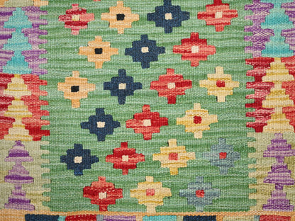 Green 2'0" x 3'0" Flatweave / Kilim Hand woven Wool Rug - Sku: O085749