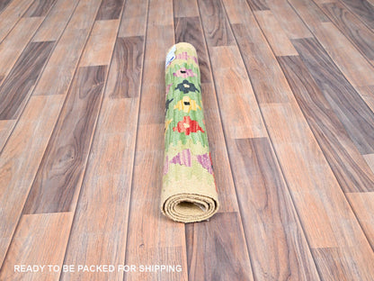 Green 2'0" x 3'0" Flatweave / Kilim Hand woven Wool Rug - Sku: O085749