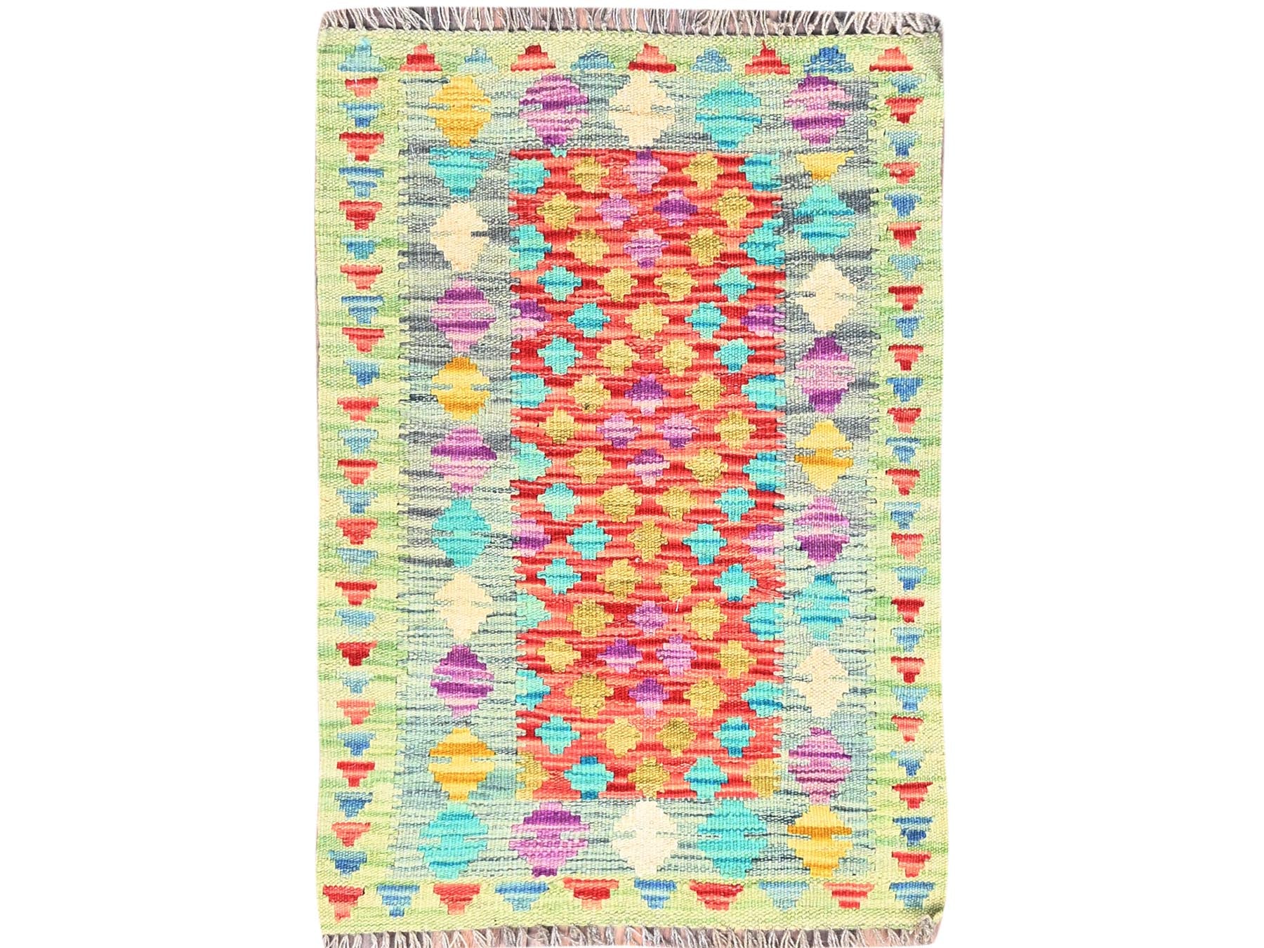Kilim Flat-Weave hand-knotted wool rug in Red & Blue, 2' x 2'10" — SKU O085752