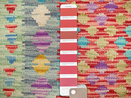 Kilim Flat-Weave hand-knotted wool rug in Red & Blue, 2' x 2'10" — SKU O085752 (view 4)