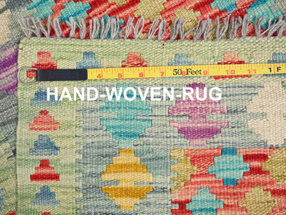 Kilim Flat-Weave hand-knotted wool rug in Red & Blue, 2' x 2'10" — SKU O085752 (view 6)