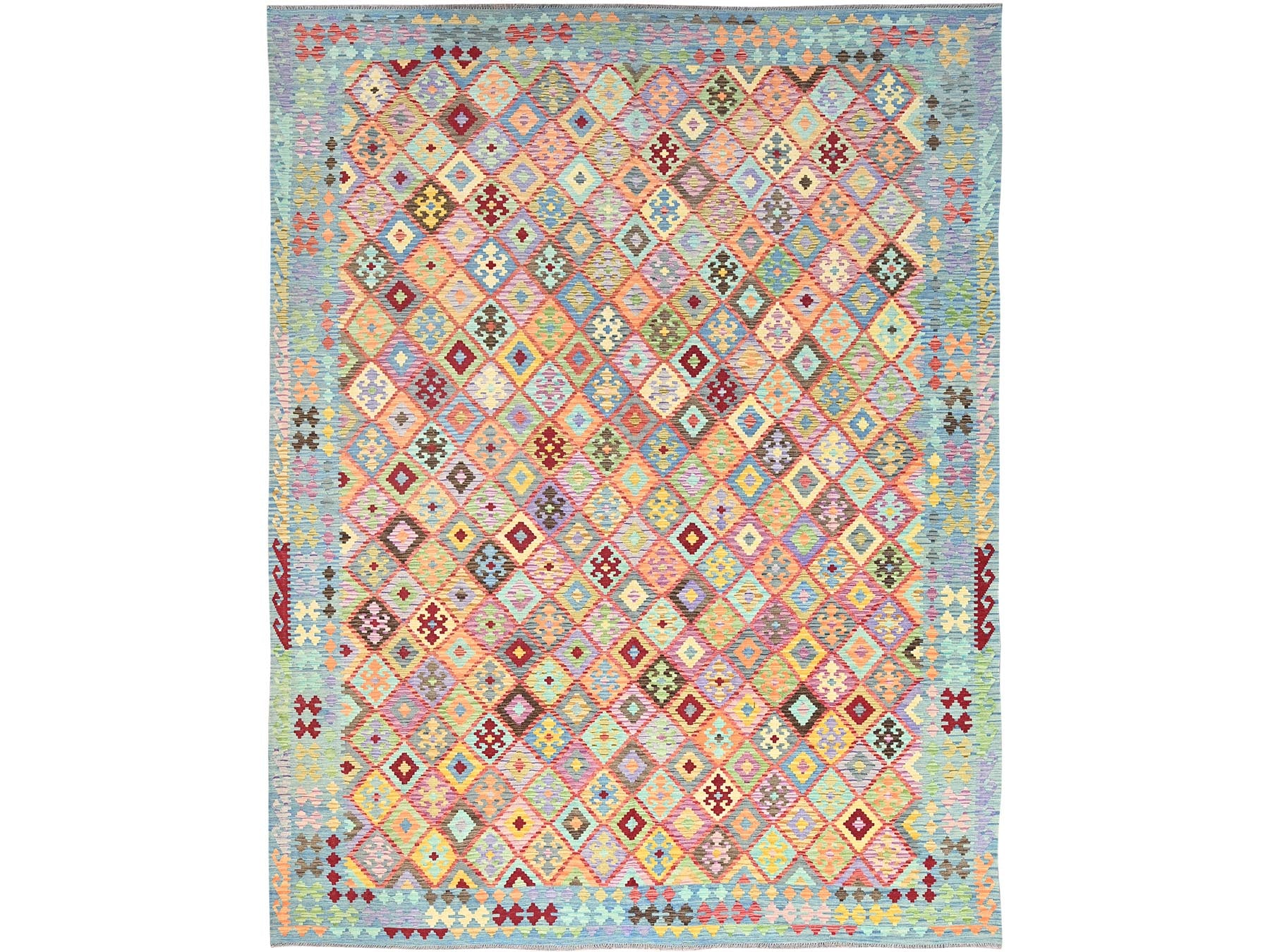 Kilim Flat-Weave hand-knotted wool rug in Blue, 10'7" x 14' — SKU O085755