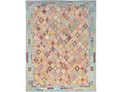 Blue 10'7" x 14'0" Flat Weave Hand woven Wool Rug - Sku: O085755