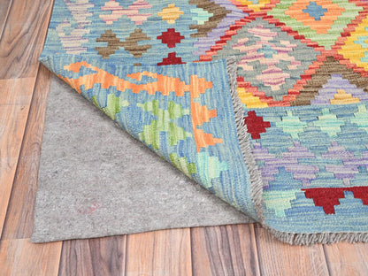 Kilim Flat-Weave hand-knotted wool rug in Blue, 10'7" x 14' — SKU O085755 (view 3)