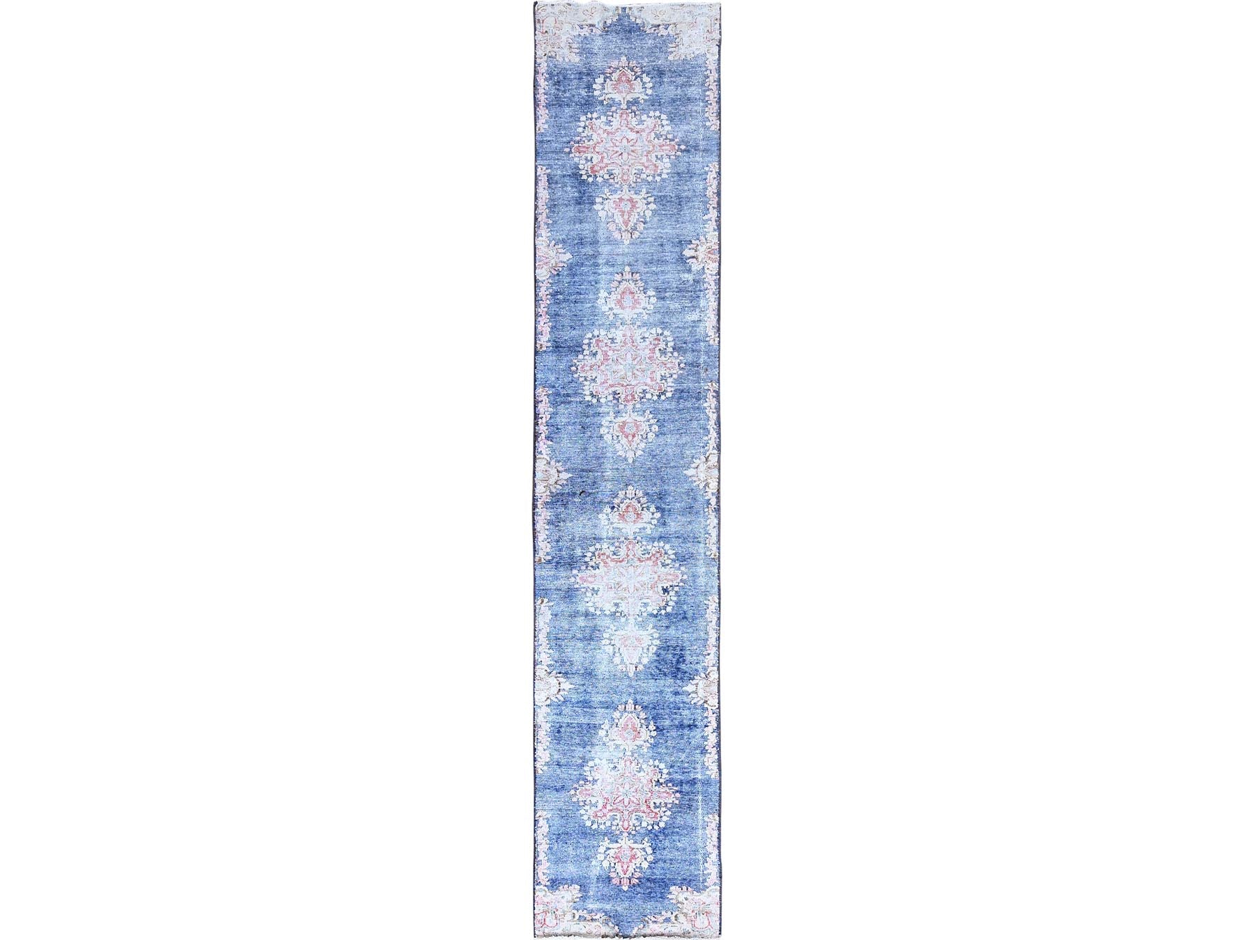 Kerman Vintage hand-knotted wool runner in Blue, 2'1" x 12' — SKU O085778