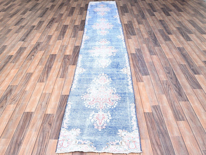 Blue 2'1" x 12'0" Vintage Hand knotted Wool Rug - Sku: O085778