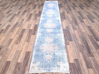 Blue 2'1" x 11'9" Vintage Hand knotted Wool Rug - Sku: O085779