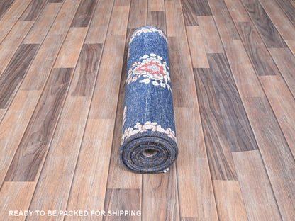 Blue 2'1" x 11'9" Vintage Hand knotted Wool Rug - Sku: O085779