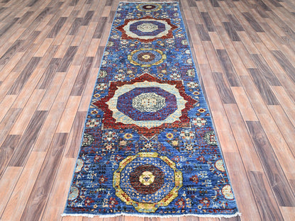 Blue 2'8" x 9'10" Mamluk Hand knotted Wool Rug - Sku: O085851