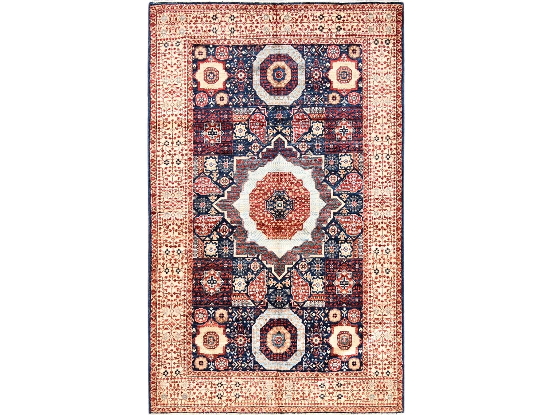 Mamluk Mamluk hand-knotted wool rug in Blue & Beige, 3'10" x 6'3" — SKU O085852
