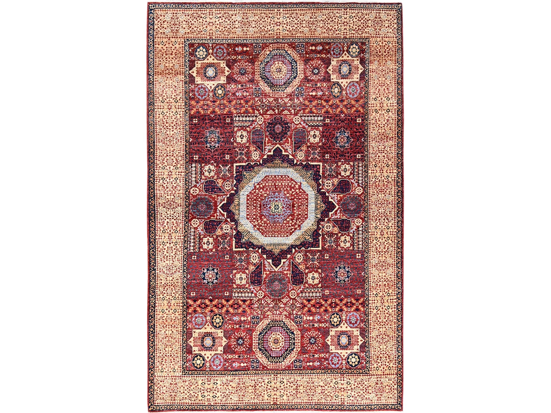 Mamluk Mamluk hand-knotted wool rug in Red & Cream Color, 5'9" x 9'7" — SKU O085882