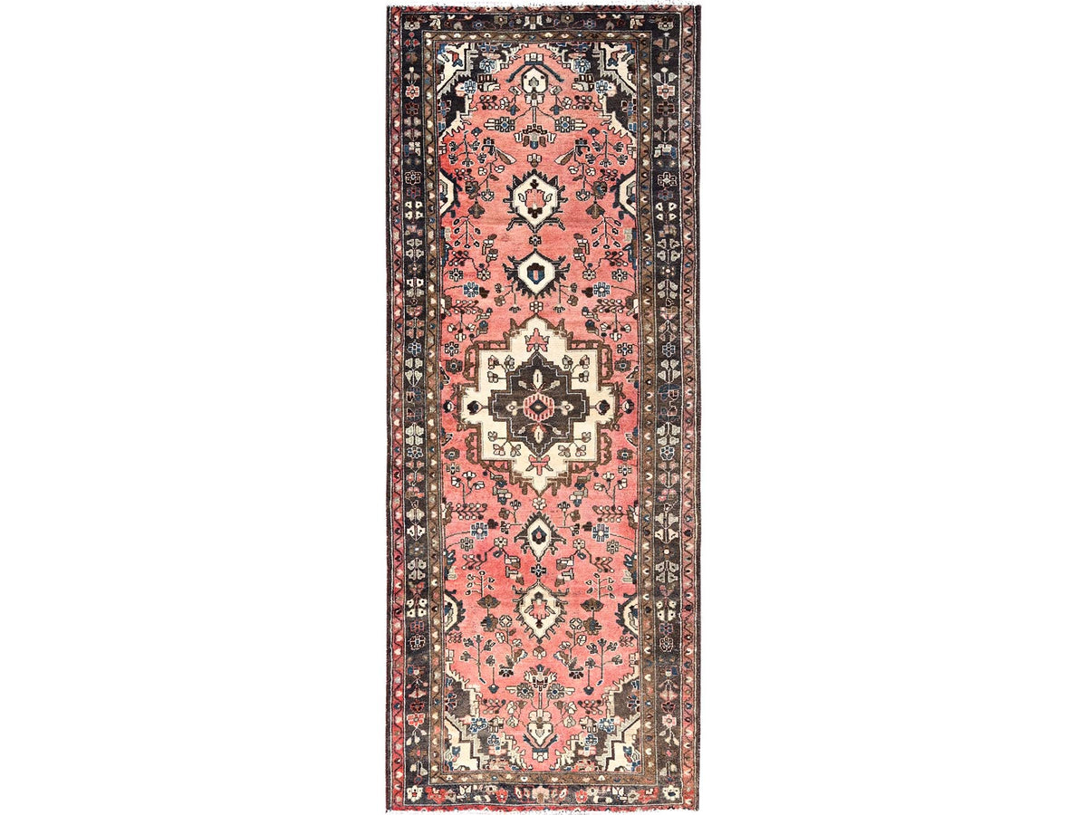 Hamadan Vintage hand-knotted wool runner in Pink & Black, 3'7" x 9'2" — SKU O085970
