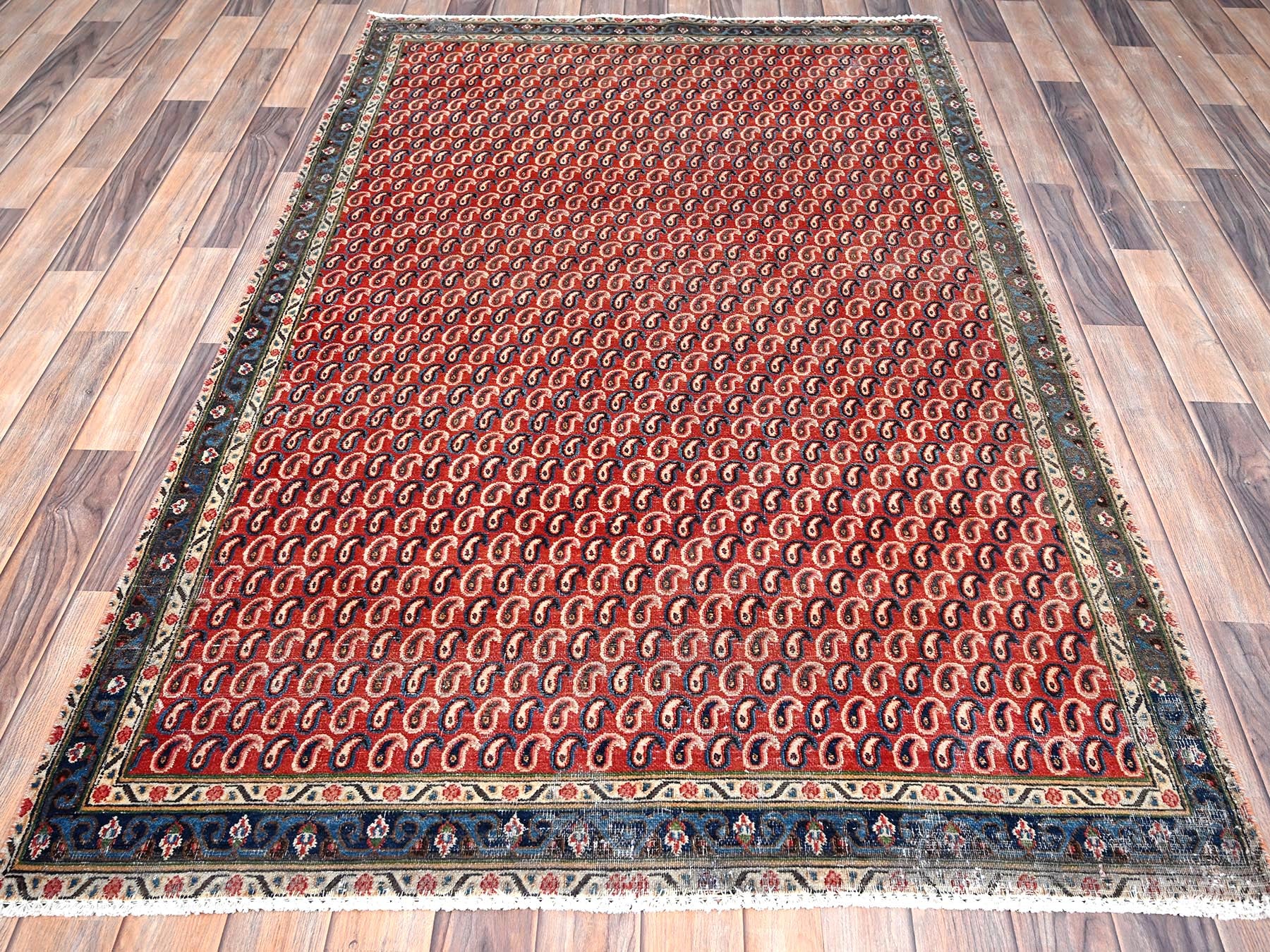 Red 4'1" x 6'7" Vintage Hand knotted Wool Rug - Sku: O085976