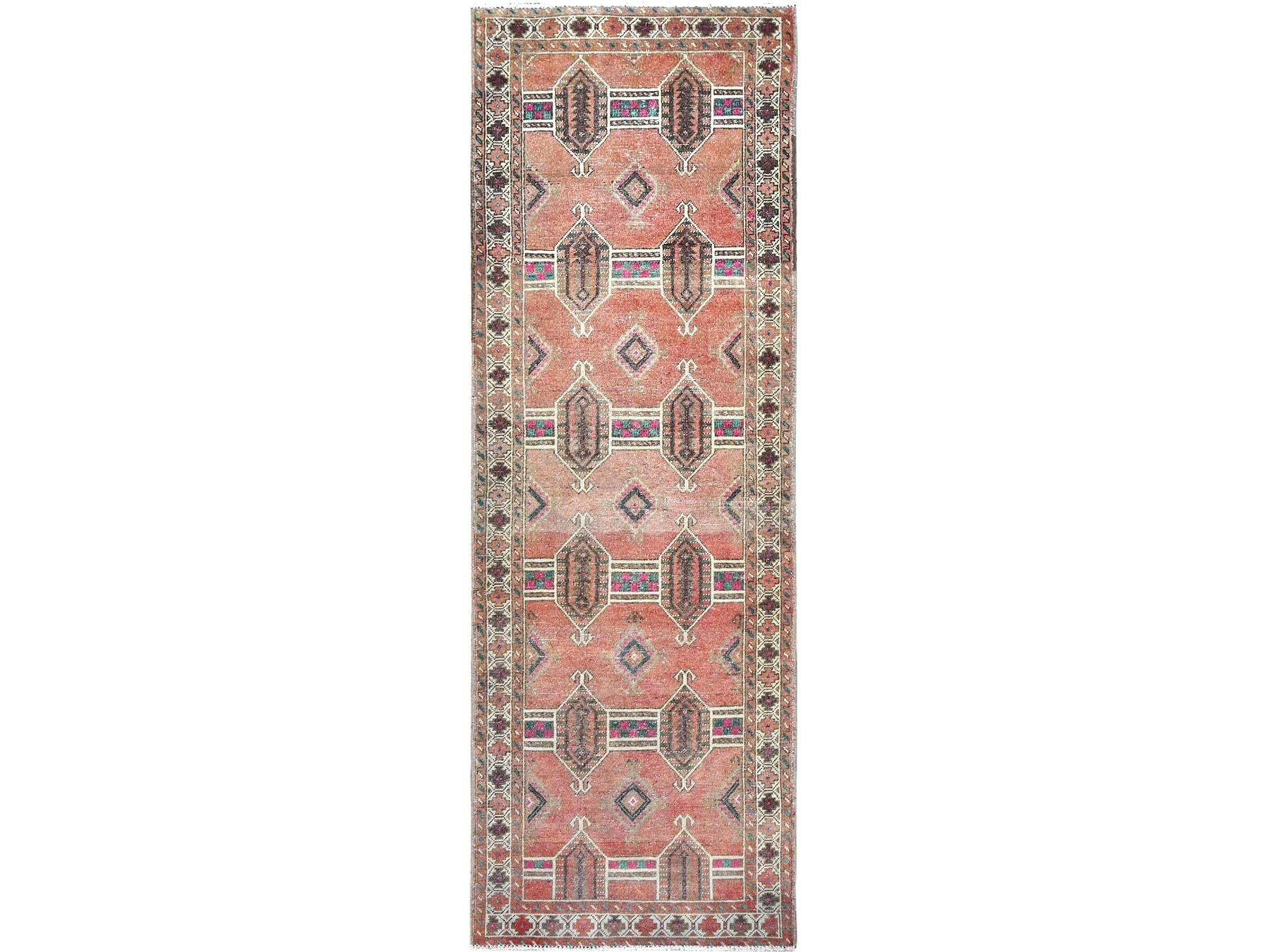 Brown 3'6" x 10'0" Vintage Hand knotted Wool Rug - Sku: O085978