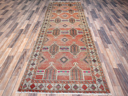 Brown 3'6" x 10'0" Vintage Hand knotted Wool Rug - Sku: O085978