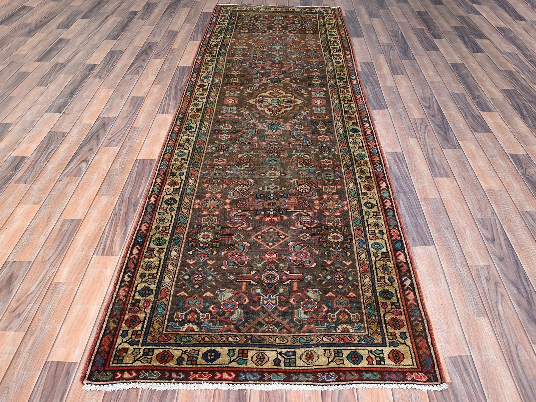 Brown 3'5" x 10'4" Vintage Hand knotted Wool Rug - Sku: O085985