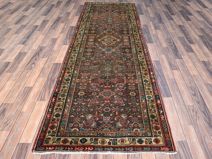 Brown 3'5" x 10'4" Vintage Hand knotted Wool Rug - Sku: O085985